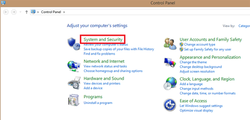 Windows Control Panel, System and Security